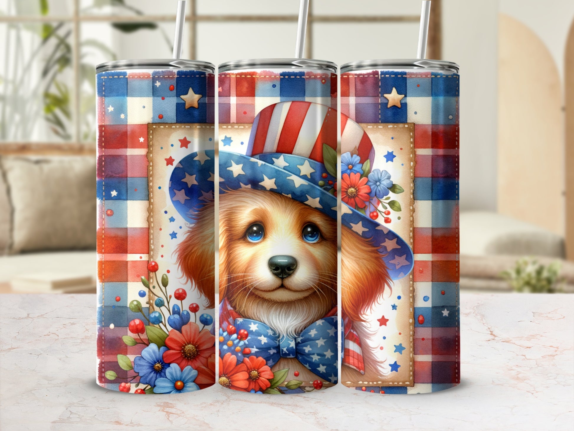 Dog in patriotic hat and bowtie with red, white, and blue checkered pattern.