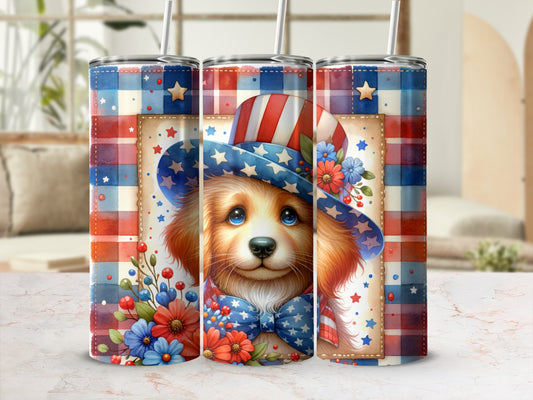 Dog in patriotic hat and bowtie with red, white, and blue checkered pattern.