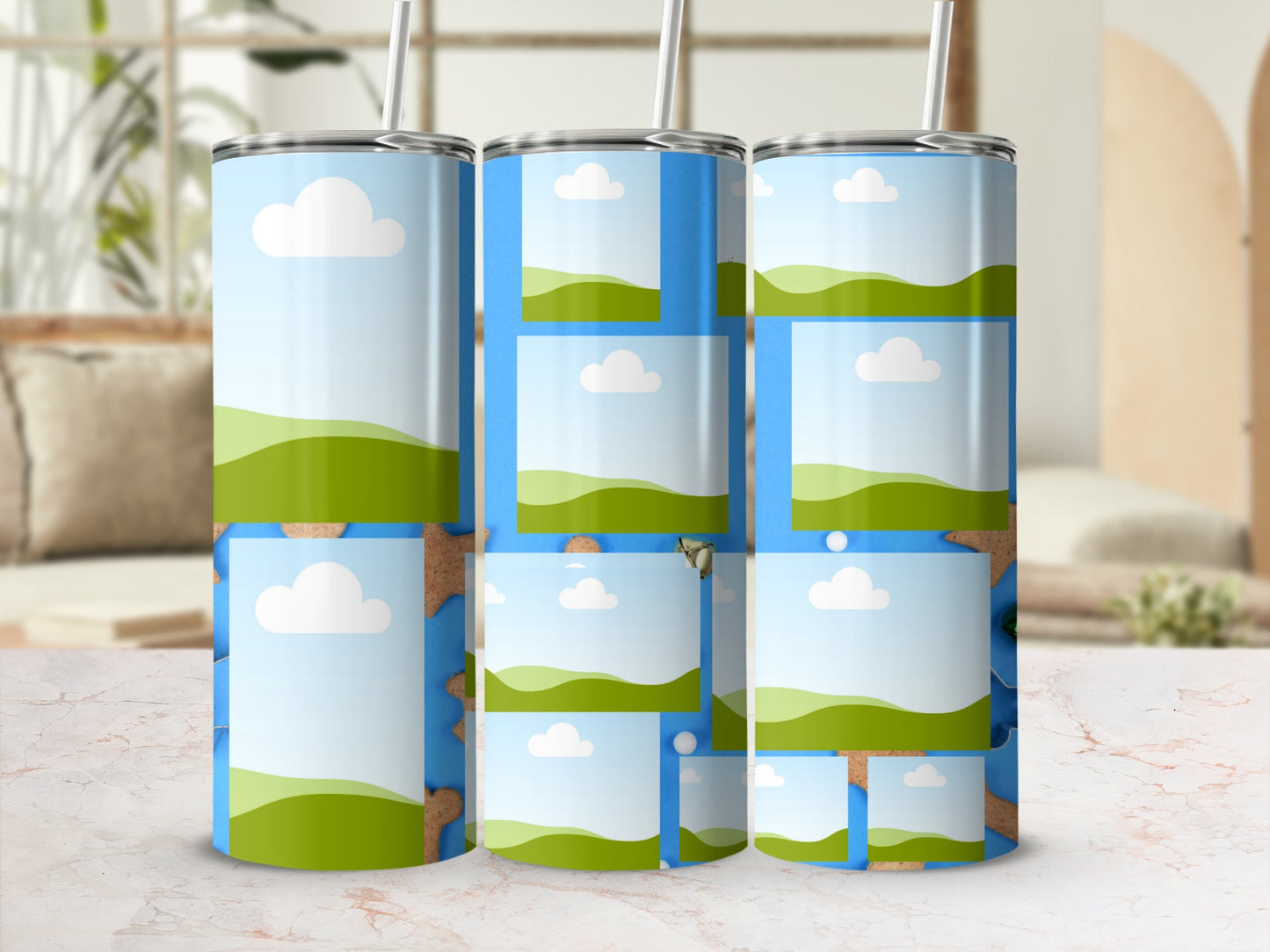 Three tumblers featuring a sky and rolling green hills design with photo placeholders.