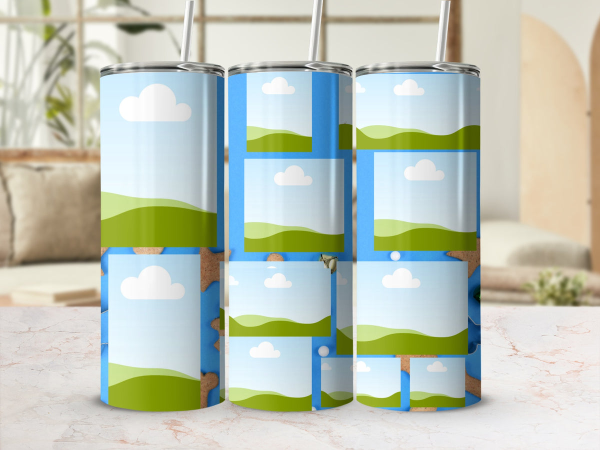 Three tumblers featuring a sky and rolling green hills design with photo placeholders.