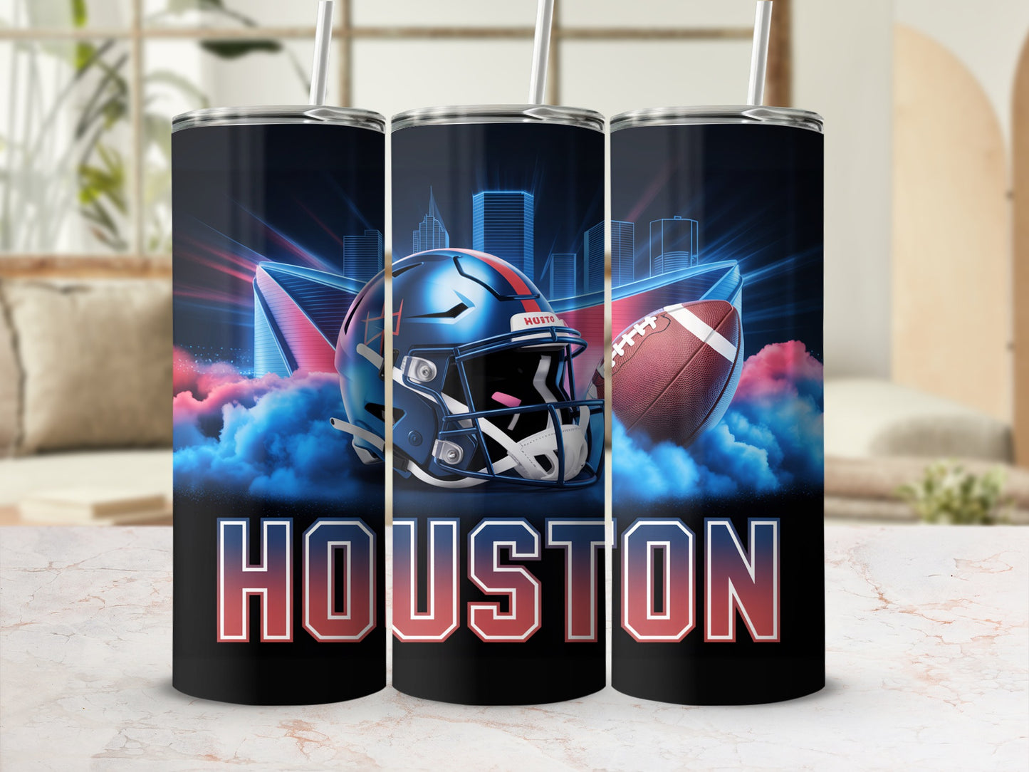 Houston Texans football helmet and ball on blue and pink clouds.