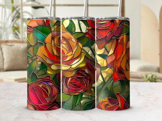 Three tumblers with a stained glass rose floral pattern.