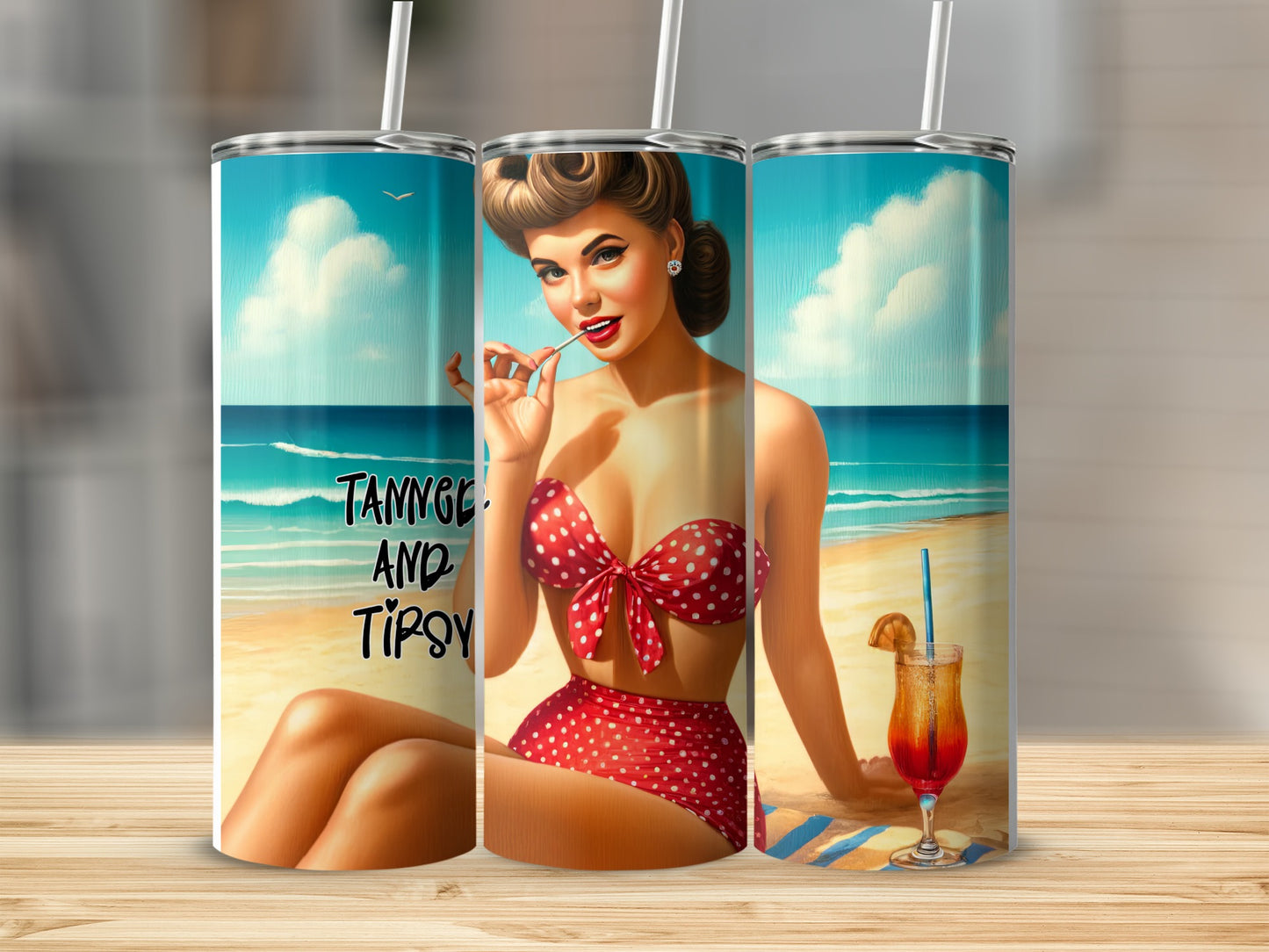 Woman in polka dot bikini on beach with "TANNING AND TIPSY" text.
