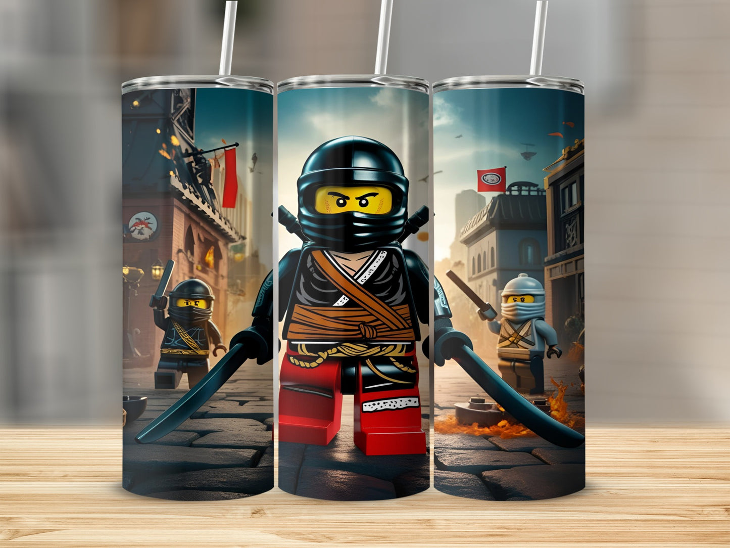 Three Lego Ninjago characters with swords on a city street.
