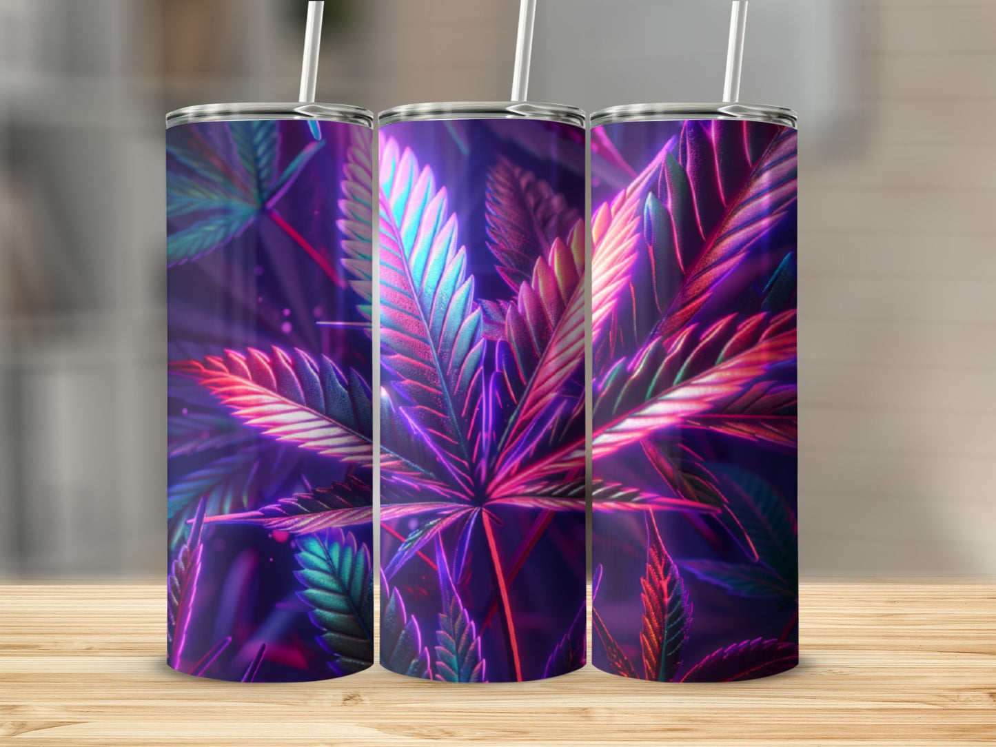 Three tumblers with a glowing purple and pink cannabis leaf design.