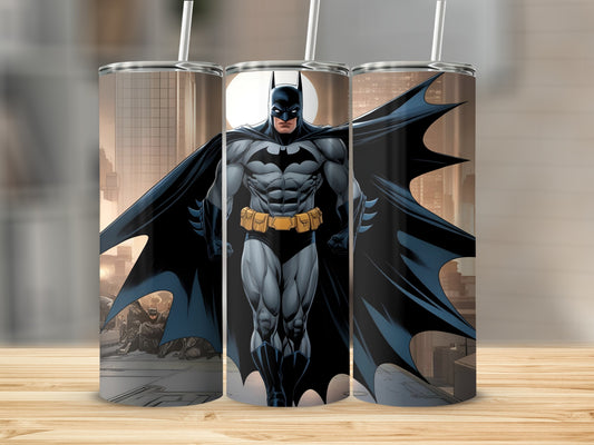 Batman standing with cape billowing against a city skyline.