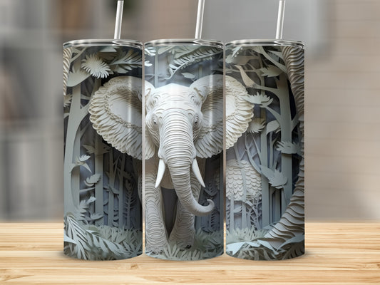 Three stylized white elephants in a jungle landscape on tumblers.