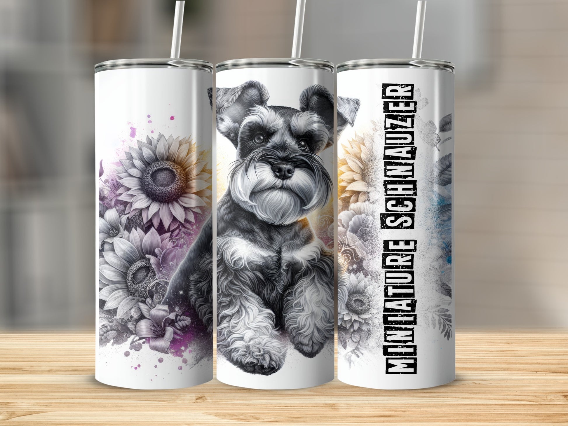 Miniature Schnauzer and sunflowers design on three white tumblers.