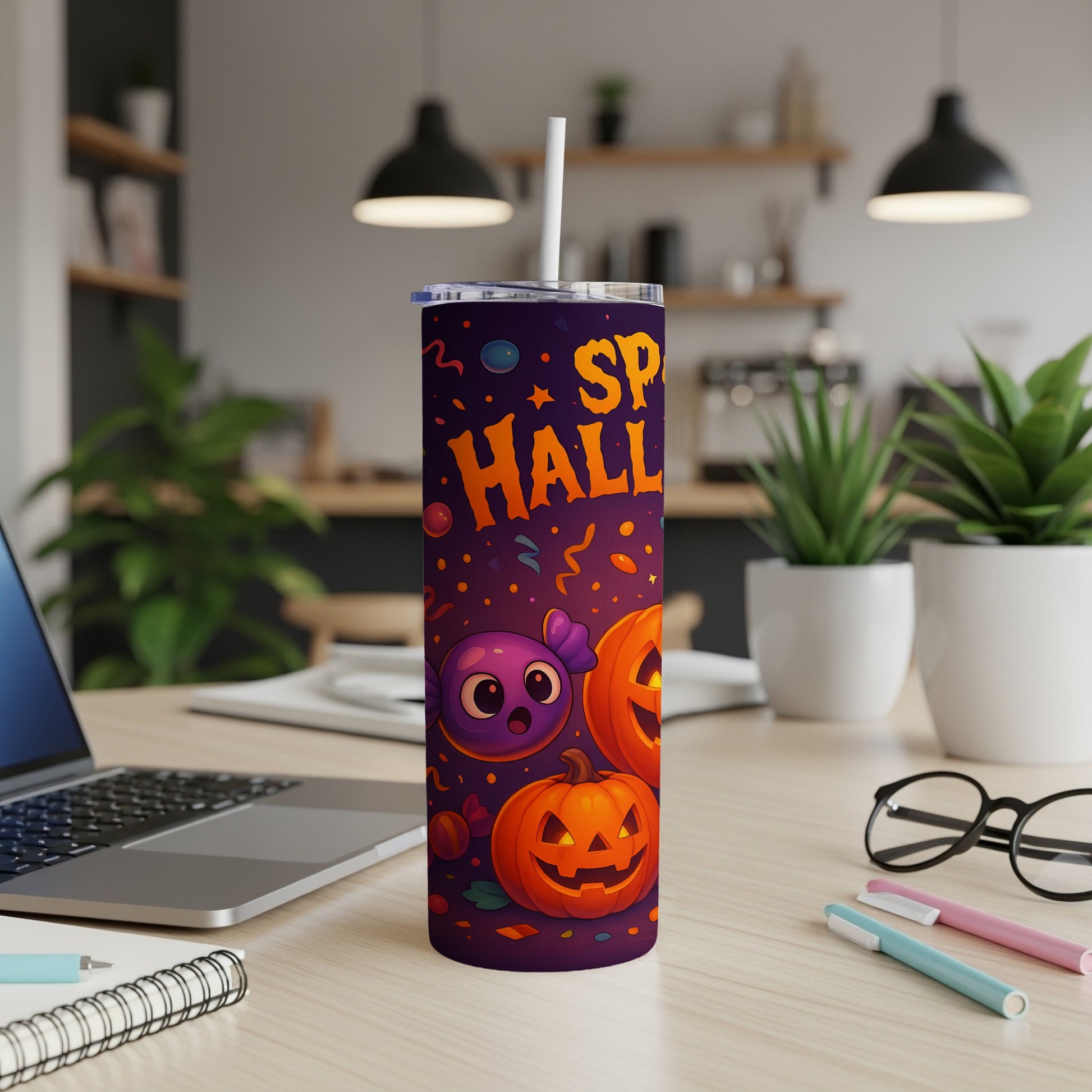 Purple tumbler with "Spooky Halloween" text and cartoon characters.