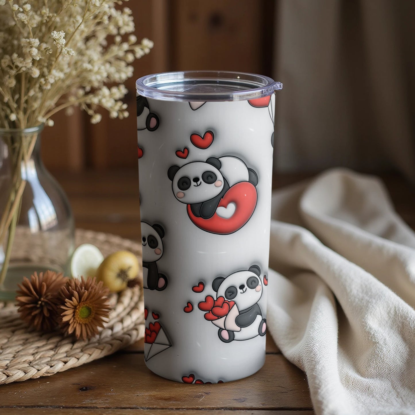 Cute Pandas and Hearts Design Tumbler