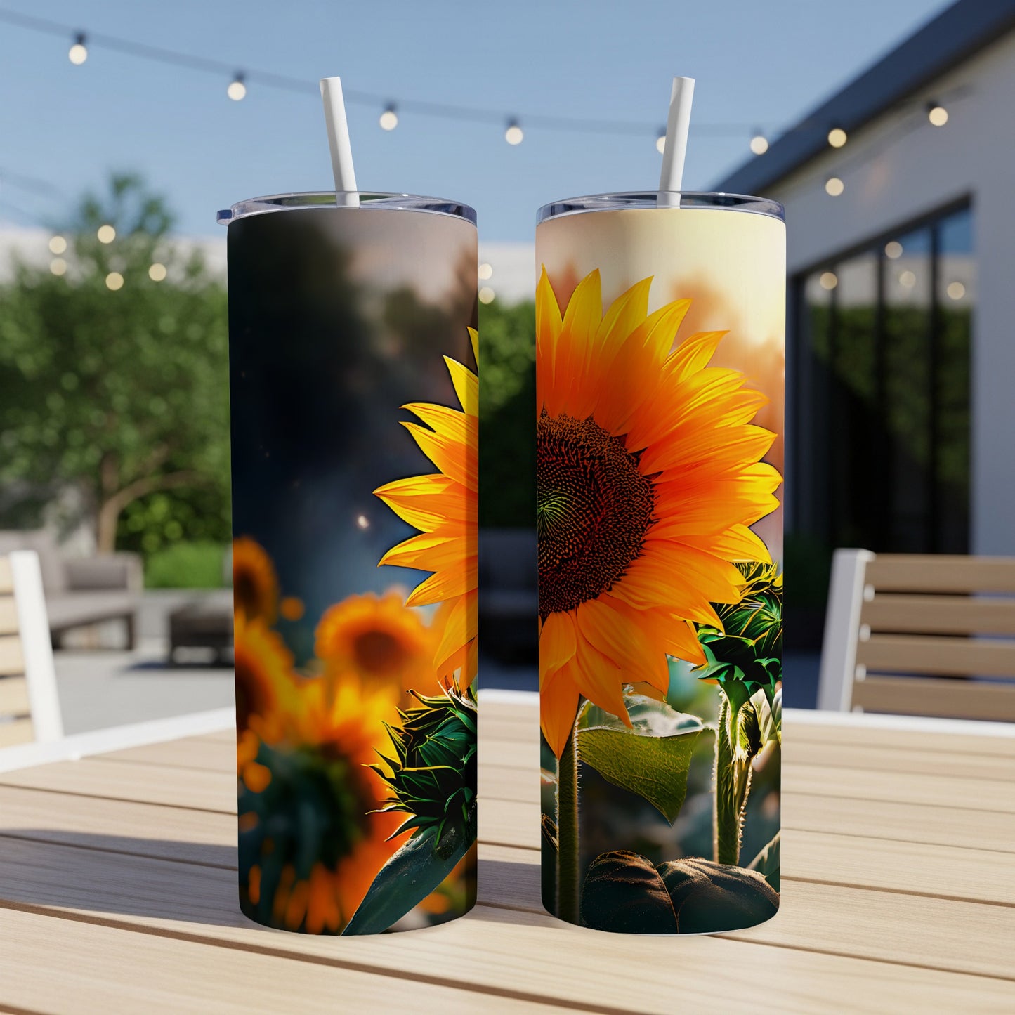 Two tumblers with sunflower designs sit on a wooden table outdoors.