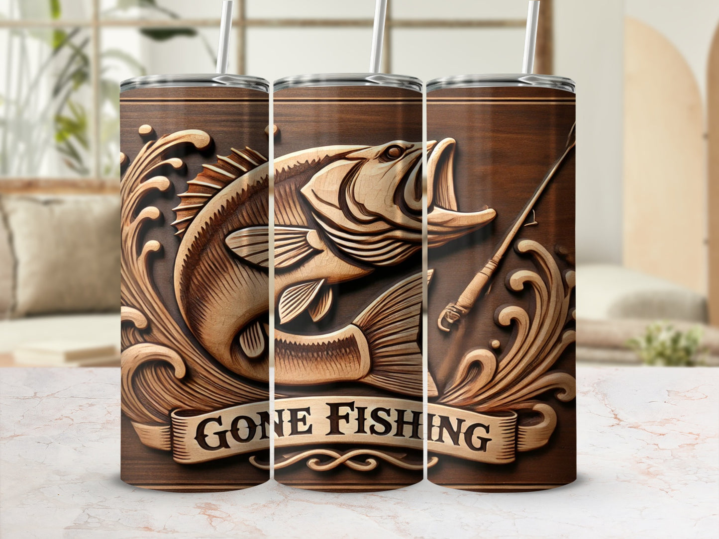 Gone Fishing Engraved Wooden Design Tumbler Product