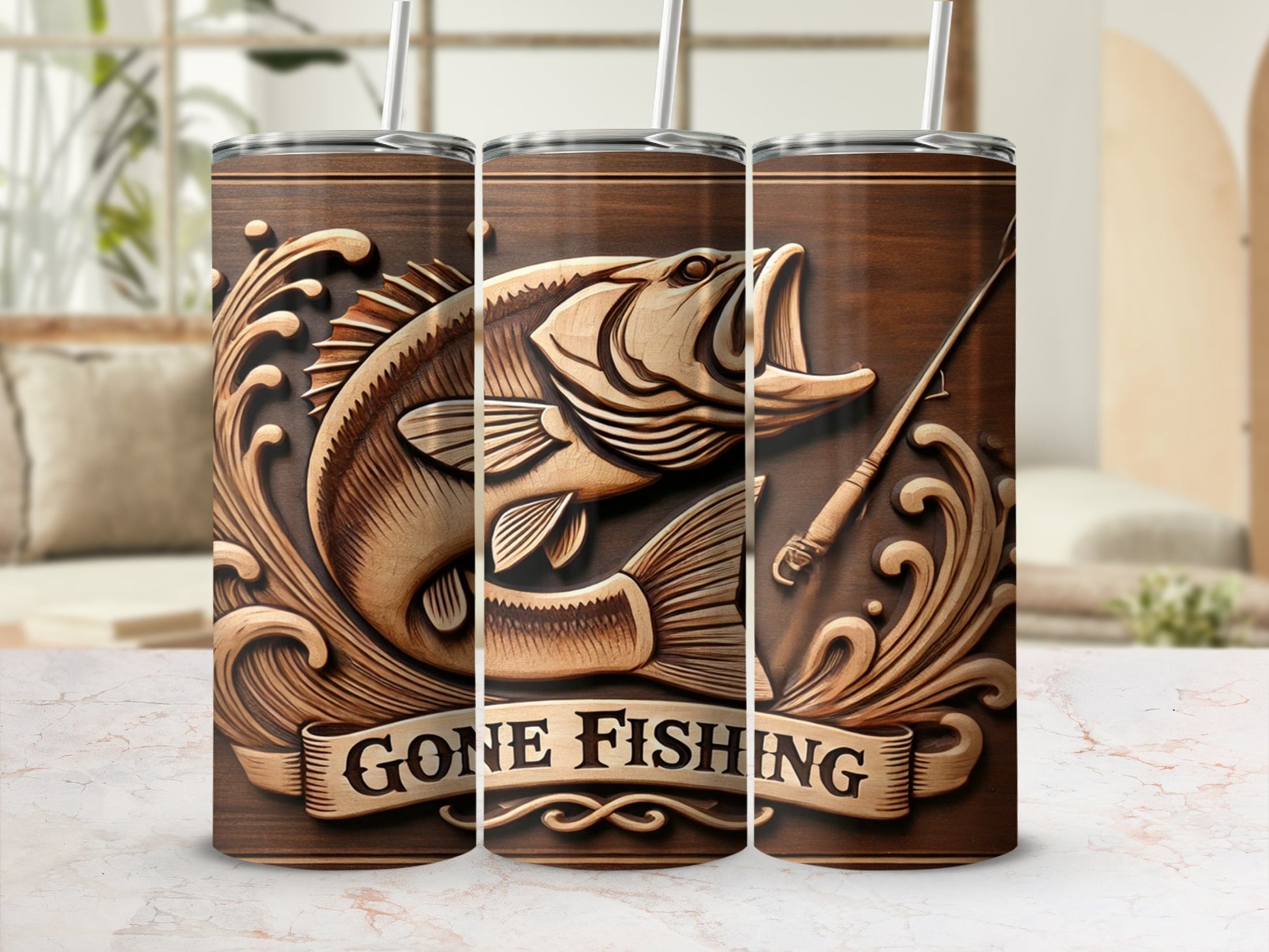 Gone Fishing Engraved Wooden Design Tumbler Product