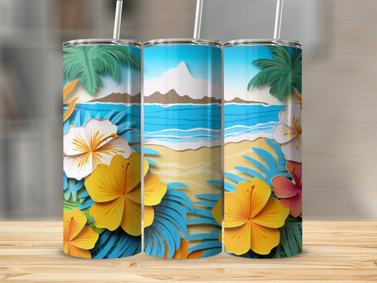 Vibrant Floral Beach Scene Insulated Tumbler for Travel
