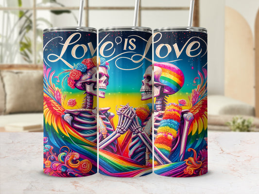 Skeleton couple holding hands, adorned with rainbow colors and floral accents.