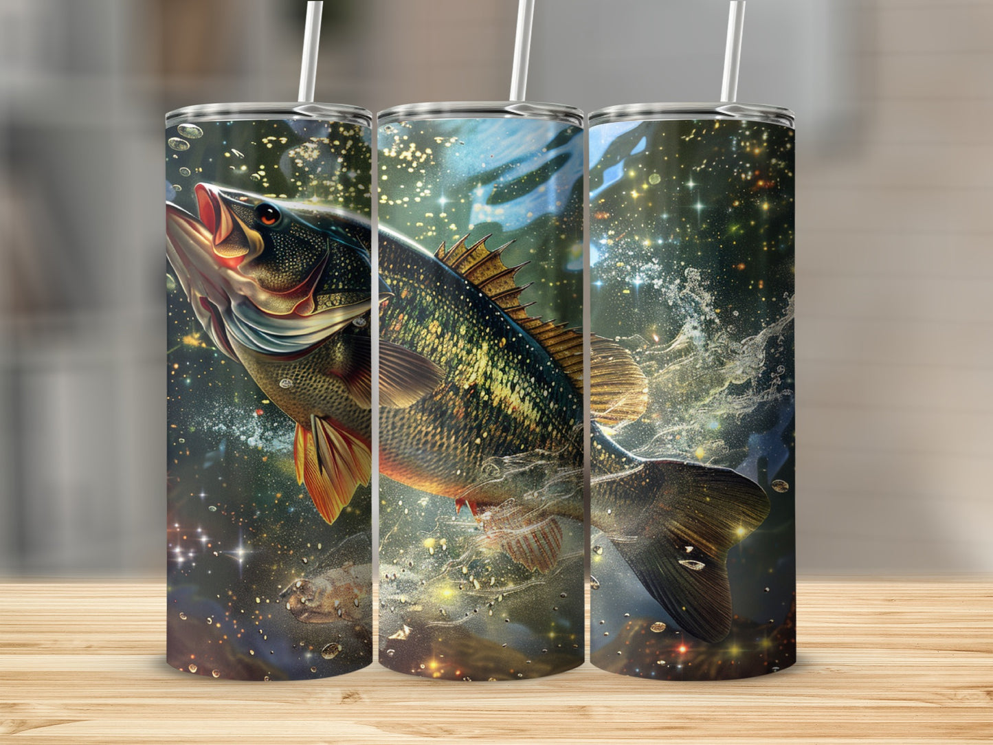 Largemouth bass jumping from water with sparkles and bubbles.