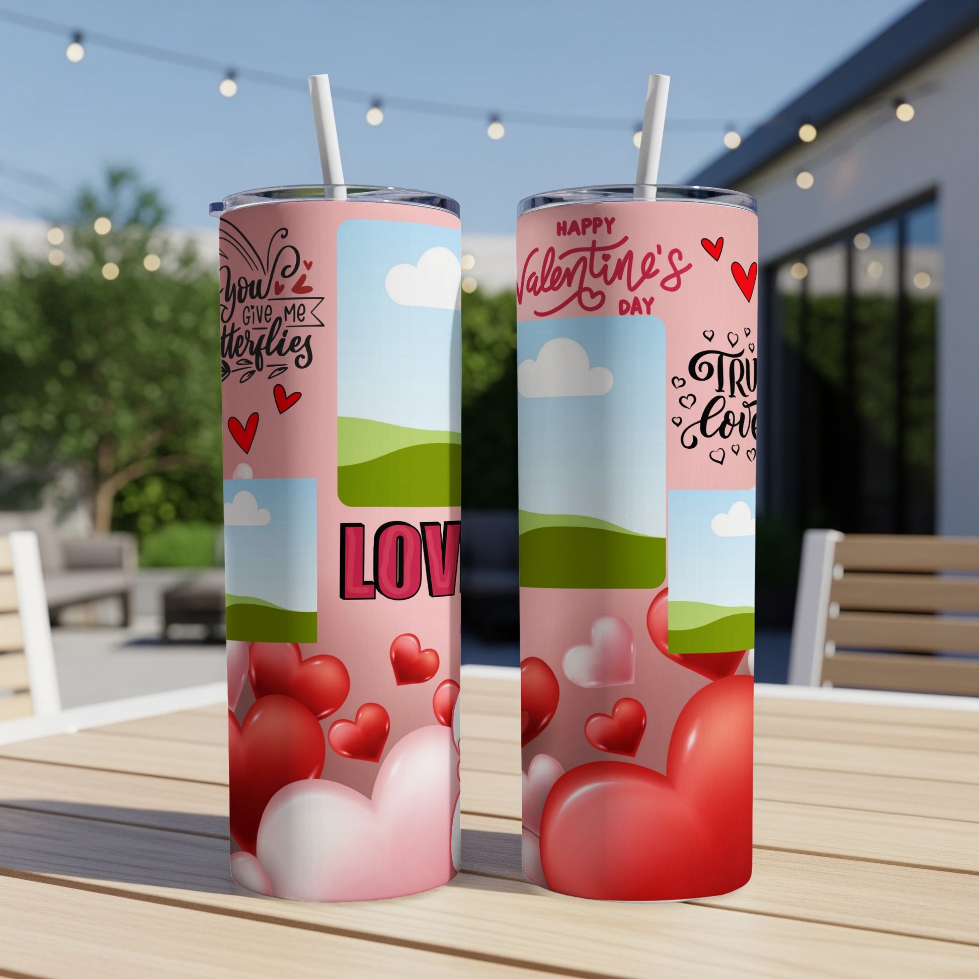 Two Valentine's Day tumblers with collage design, hearts, and text.