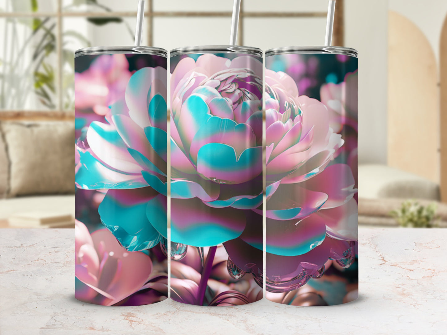 Three tumblers with a large, iridescent pink and teal peony floral design.