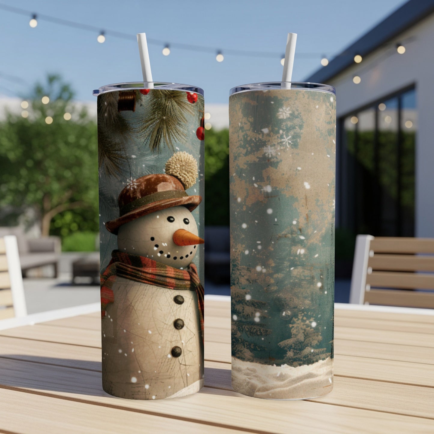 Two tumblers featuring a snowman illustration and distressed snow background.