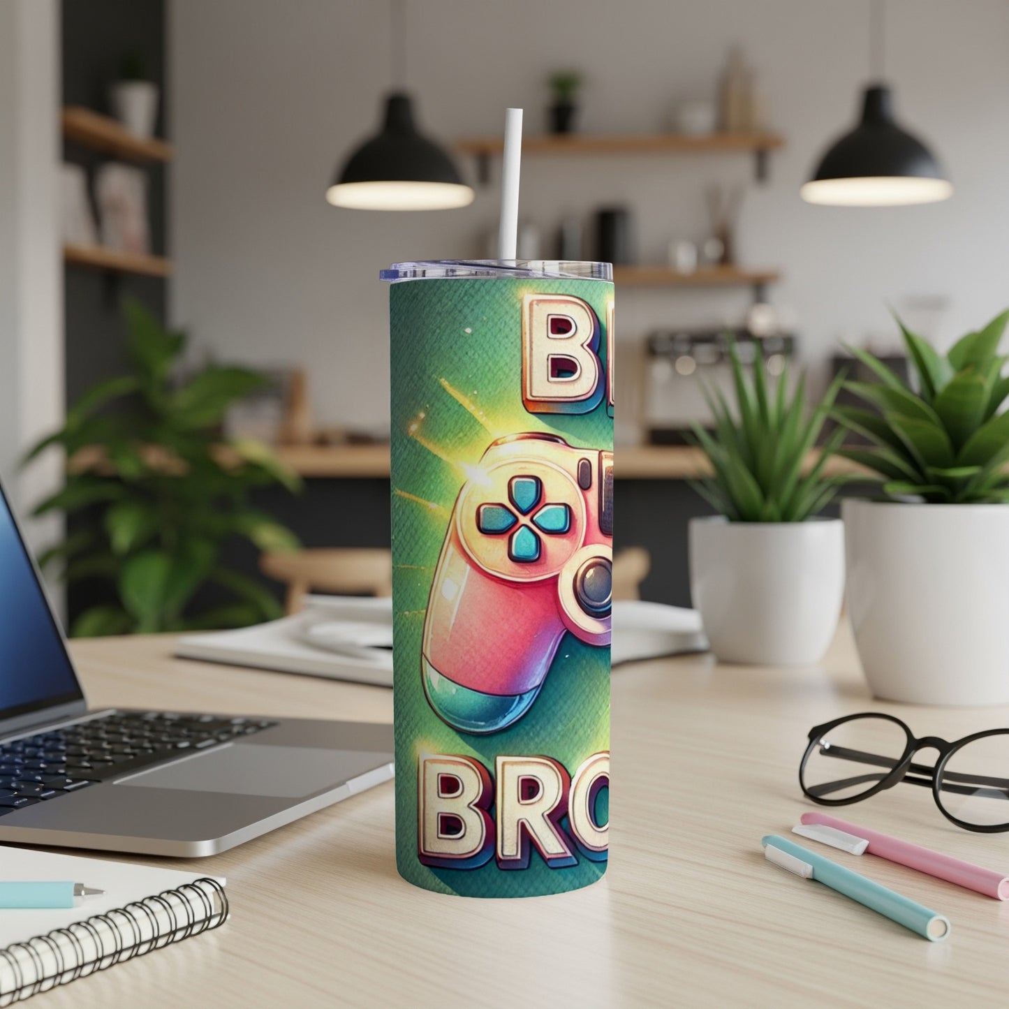 Green tumbler with colorful gamepad and "BRO" text.