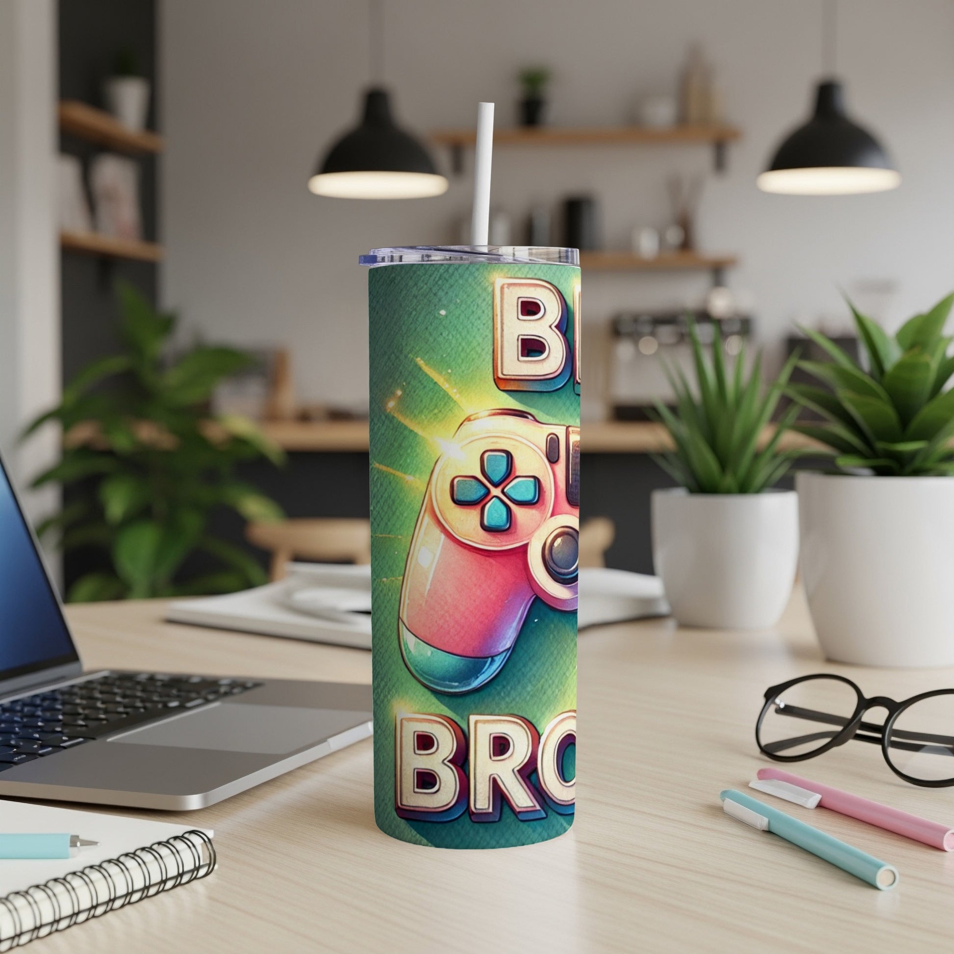 Green tumbler with colorful gamepad and "BRO" text.