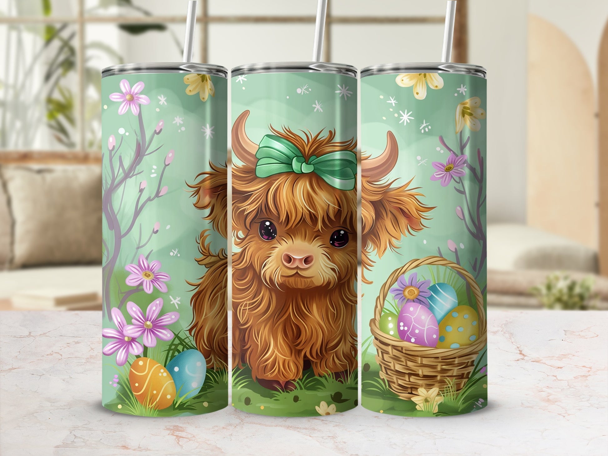 Adorable Highland Cow with Easter Eggs Tumbler