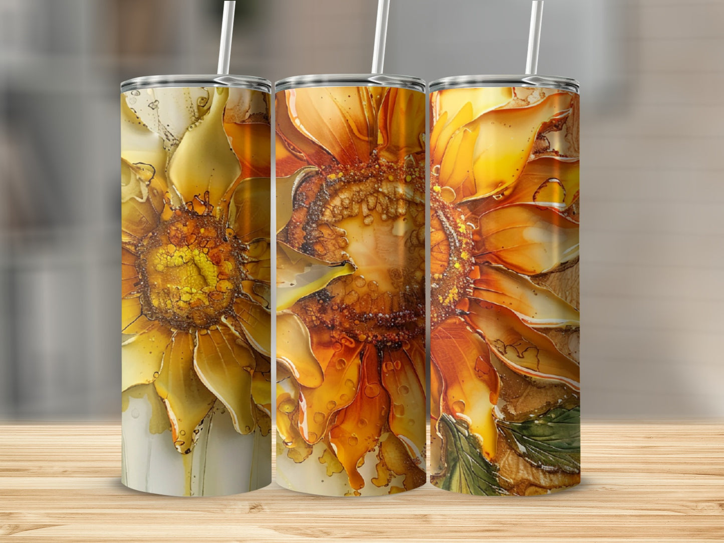 Three tumblers with a realistic sunflower design.