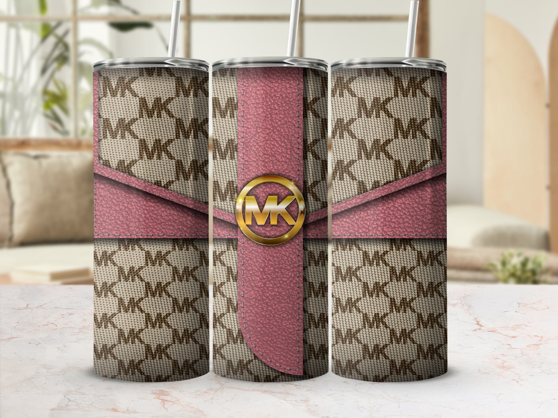 Stylish MK Pattern Insulated Tumbler with Pink Trim
