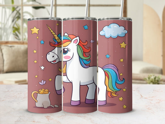 Pink tumbler with unicorn, coins, and clouds design.