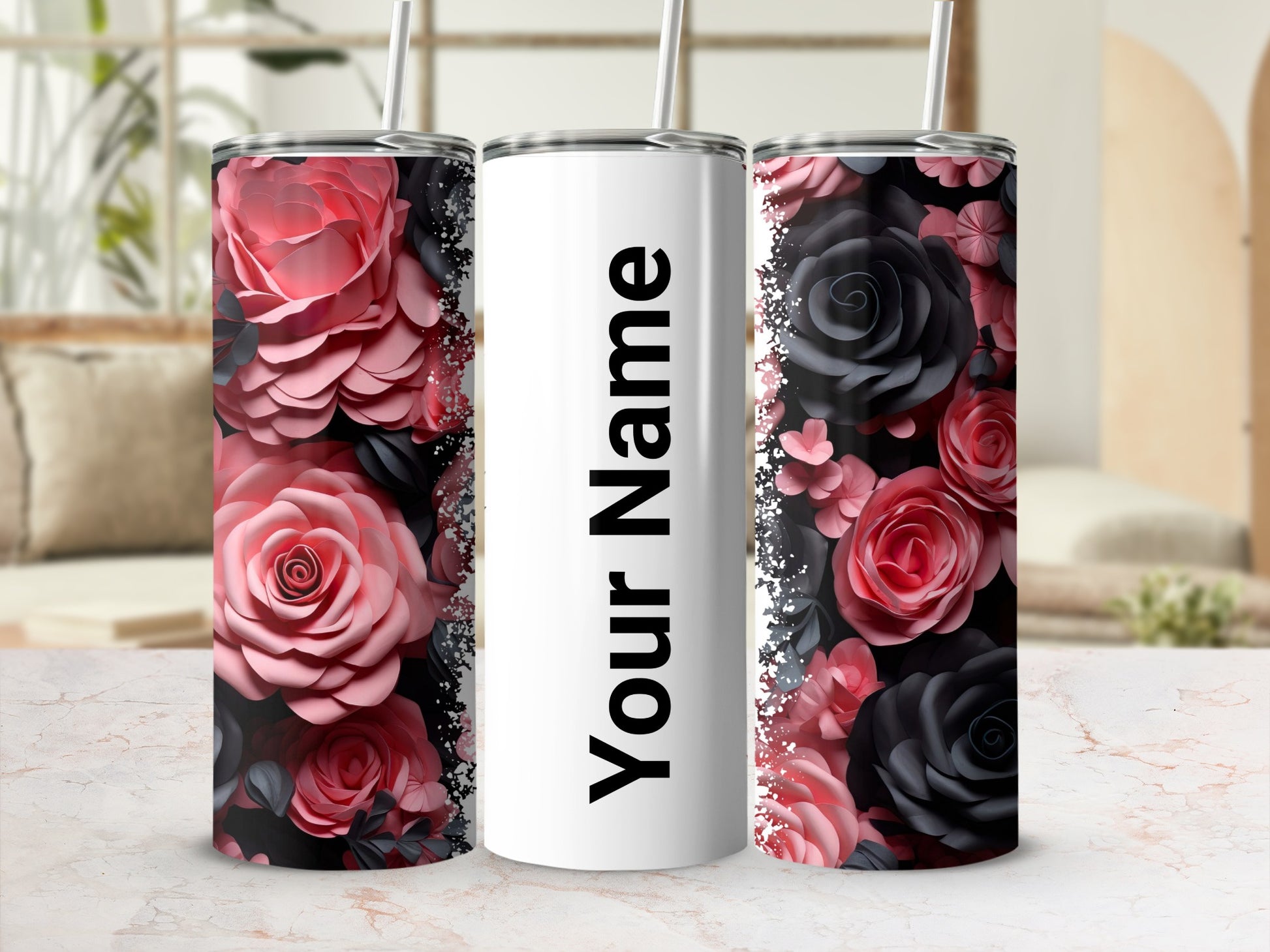 Personalized Floral Rose Design Tumbler Flask Gift