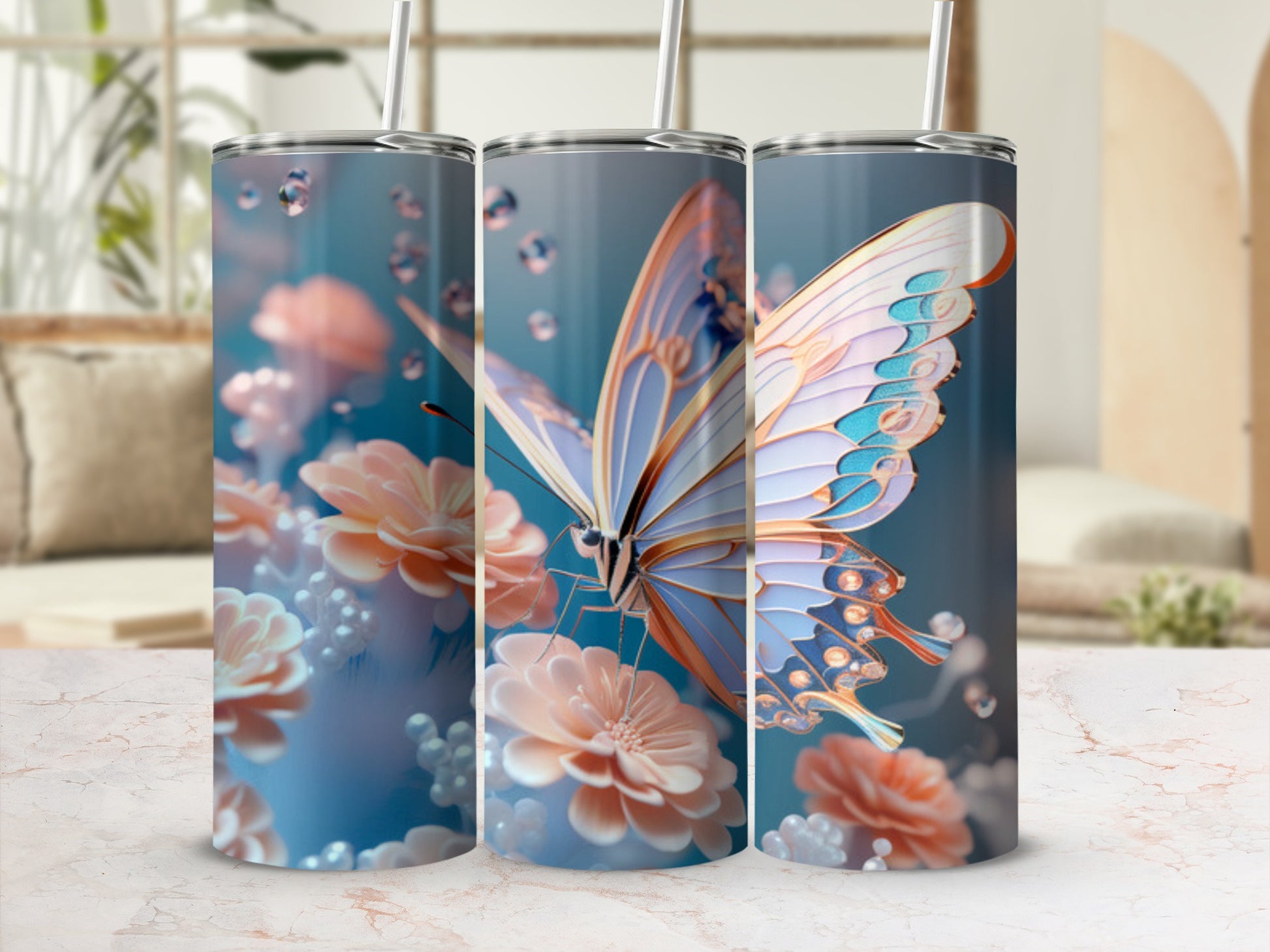 Triptych of tumblers featuring a butterfly and pink flowers against a bokeh background.