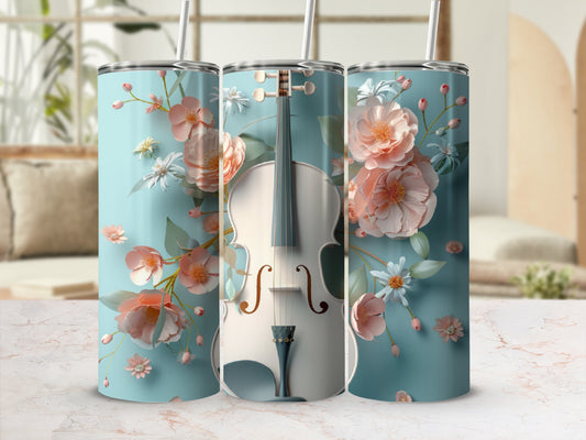 Blue tumbler with a white violin and pink floral accents.