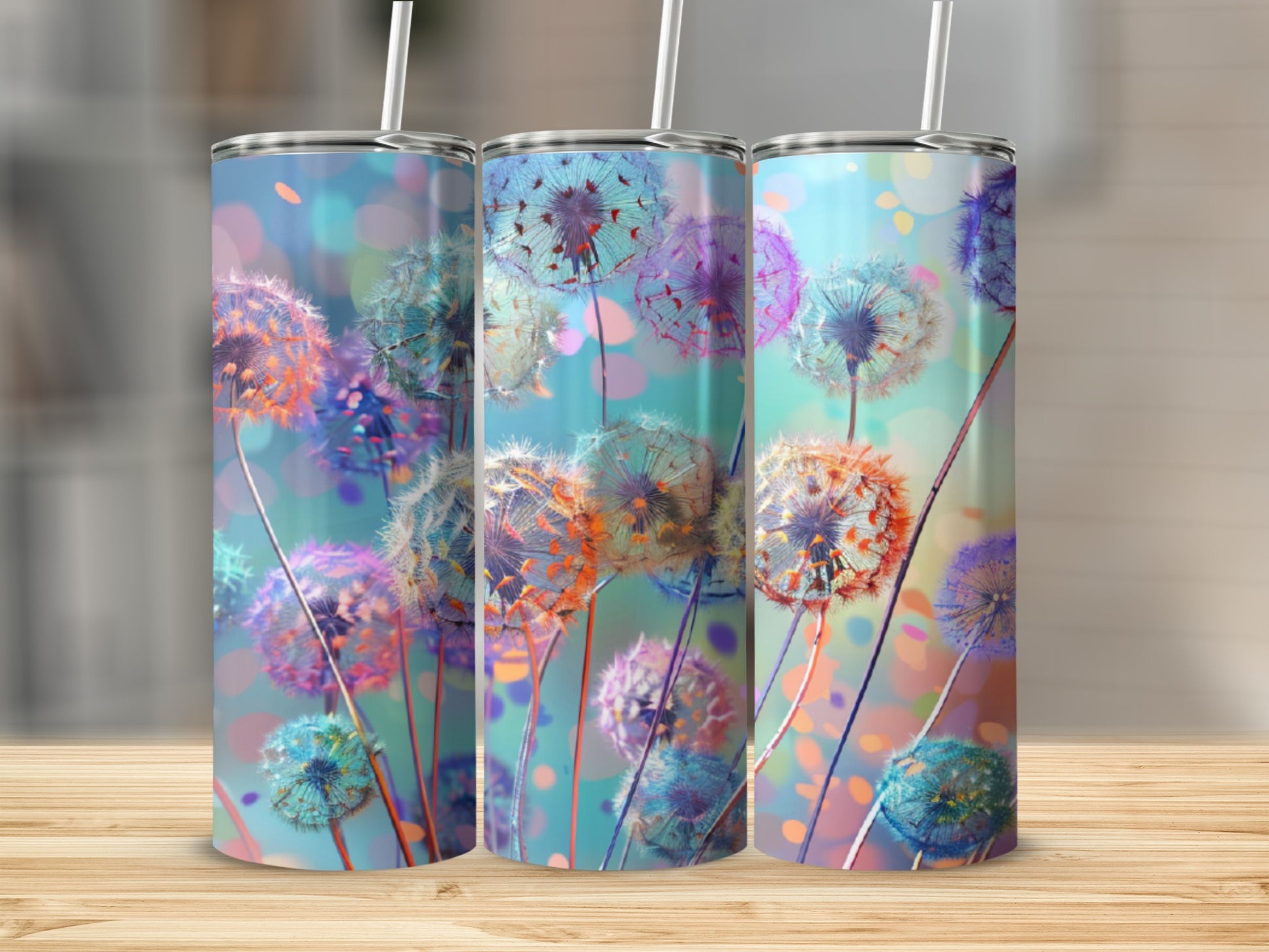 Three tumblers with a colorful dandelion puff design.