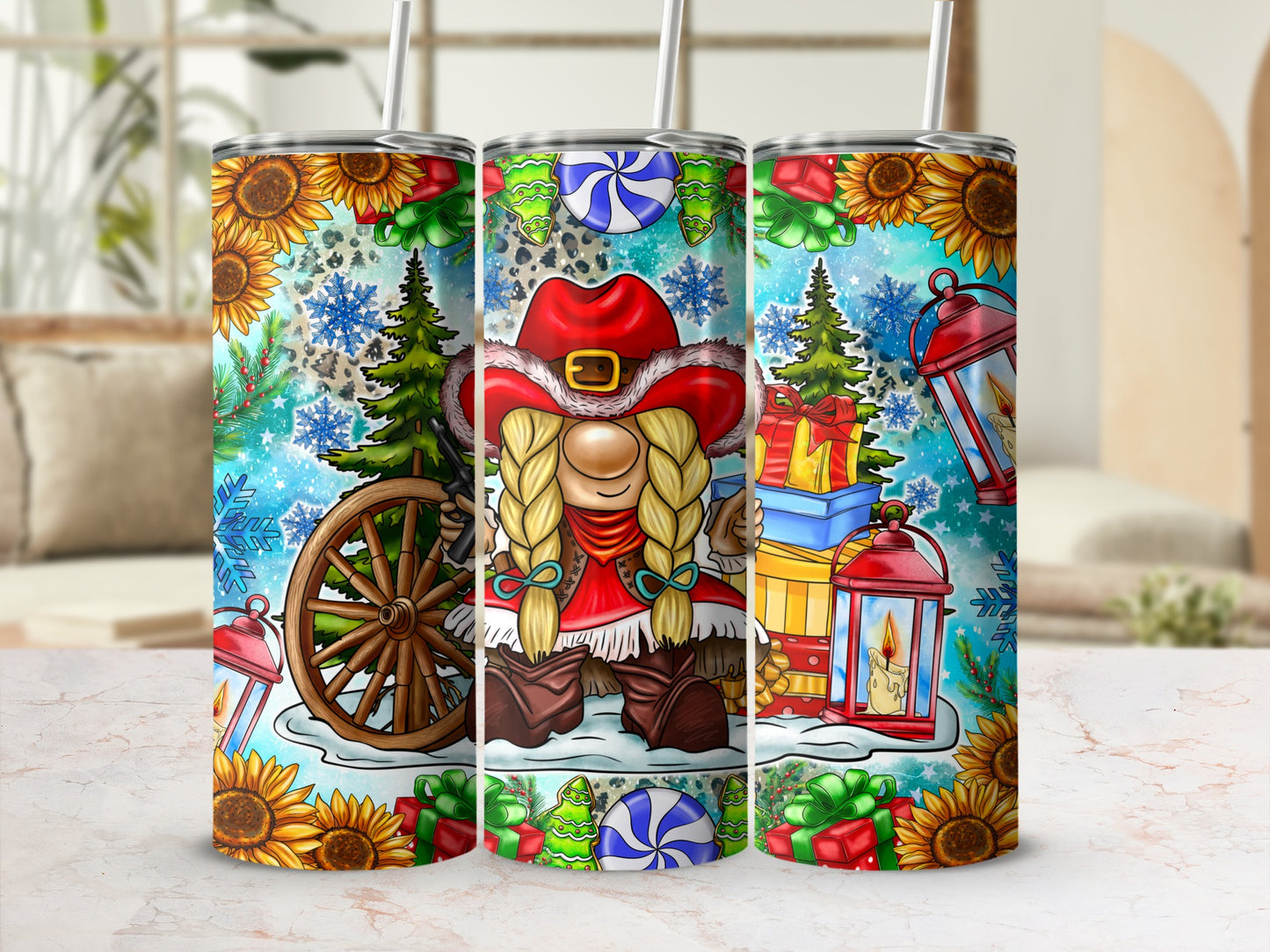 Gnome in cowboy hat with sunflowers, pine trees, and Christmas gifts.
