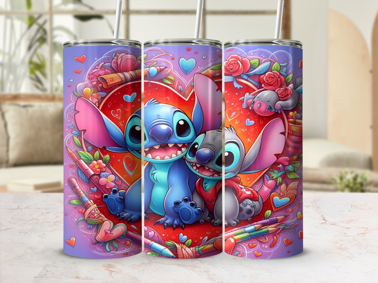 Three tumblers featuring Stitch and Scrump with hearts, flowers, and art supplies.