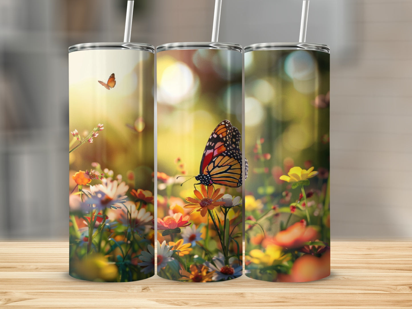 Three tumblers with monarch butterfly and floral designs.
