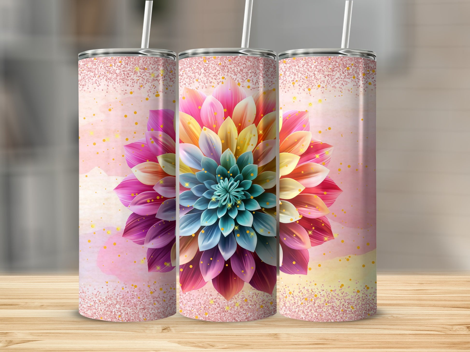 Colorful Floral Gradient Design Tumbler with Straw