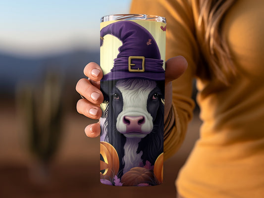 Halloween Witch Cow with Pumpkins Tumbler Cup