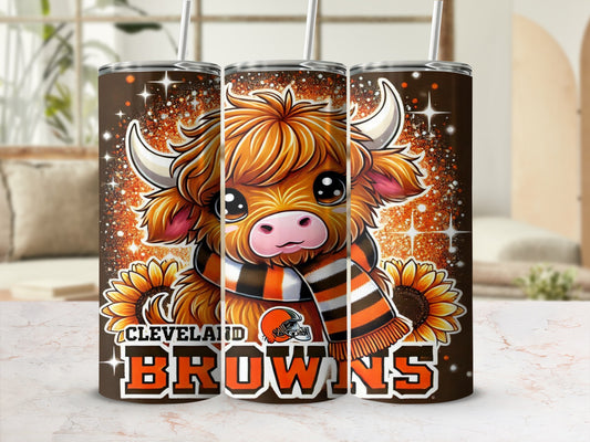 Cleveland Browns tumbler with a cartoon Highland cow wearing a scarf.