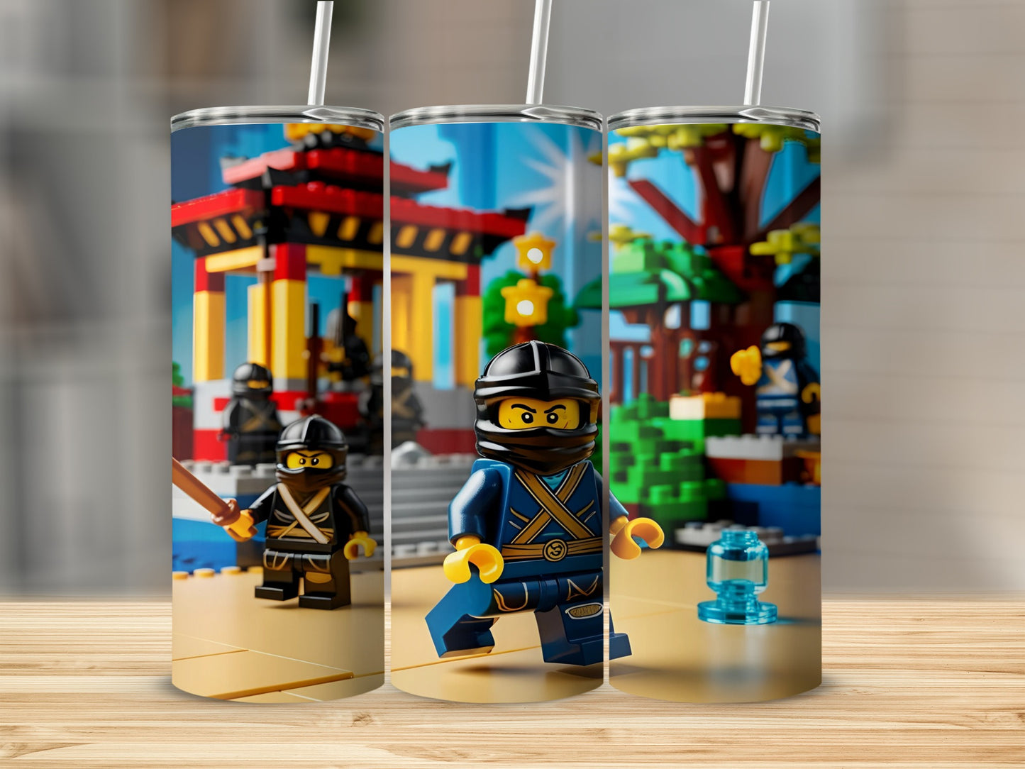 Three tumblers featuring Lego ninja characters in a Japanese-themed setting.