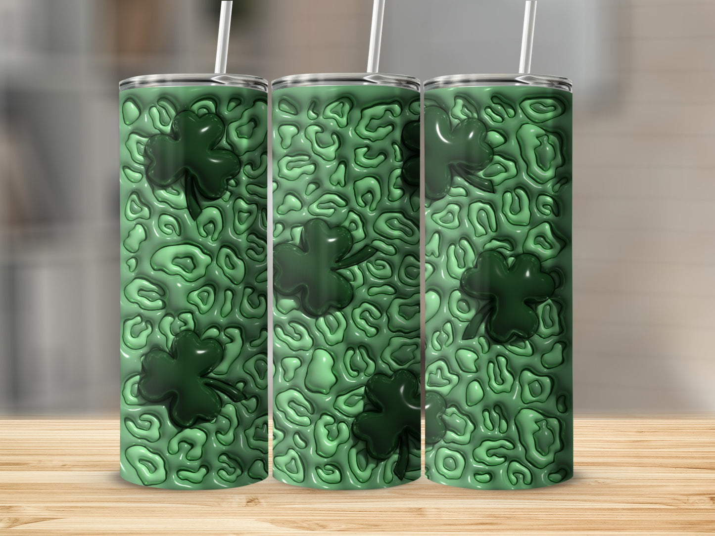 Green shamrocks on a textured, leopard-print inspired background.