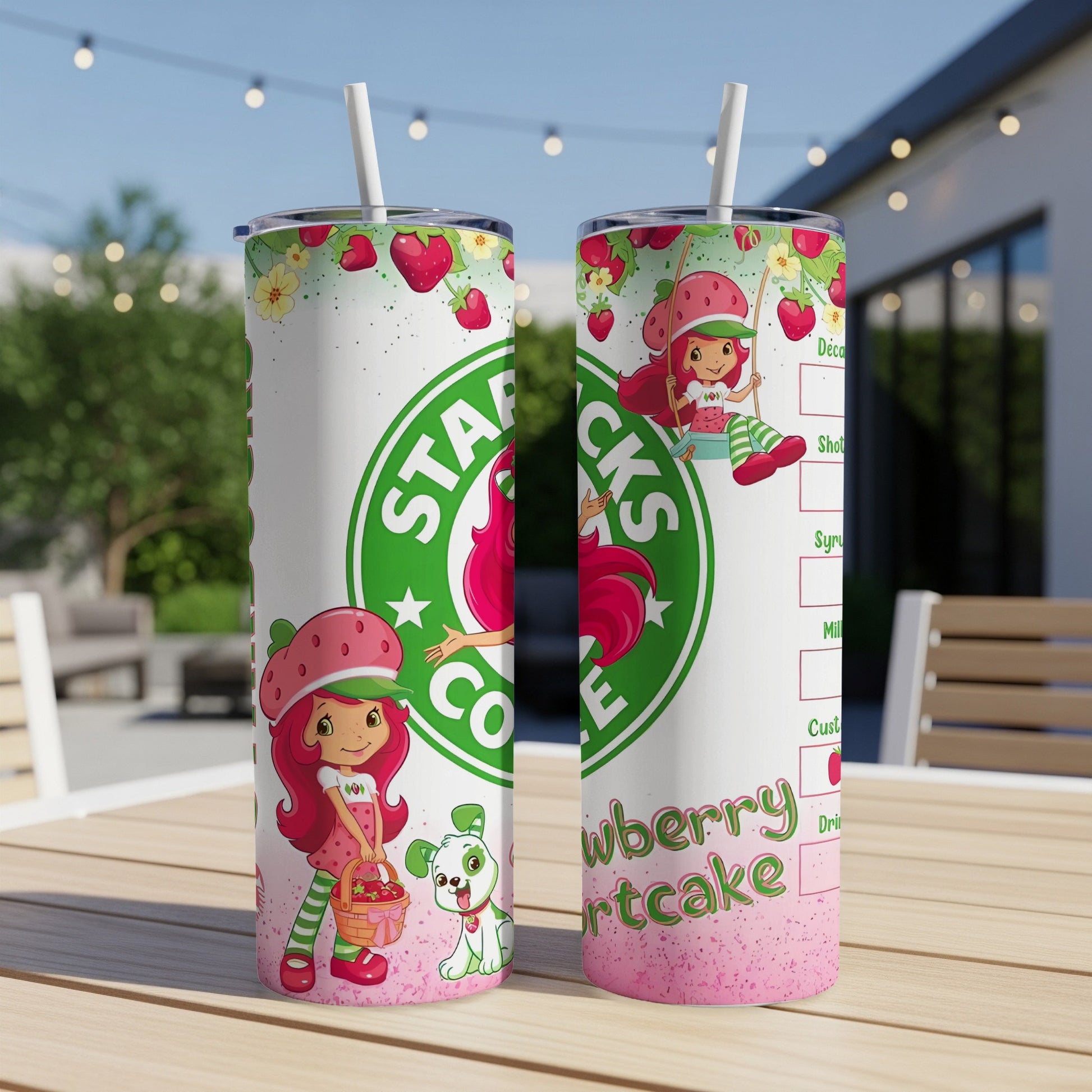 Strawberry Shortcake characters on a Starbucks-themed tumbler with a straw.