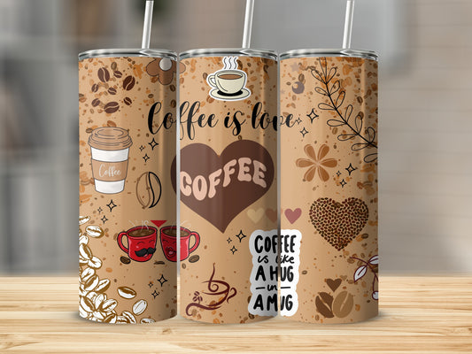 Coffee Themed Design Tumbler with Heart and Cups Art