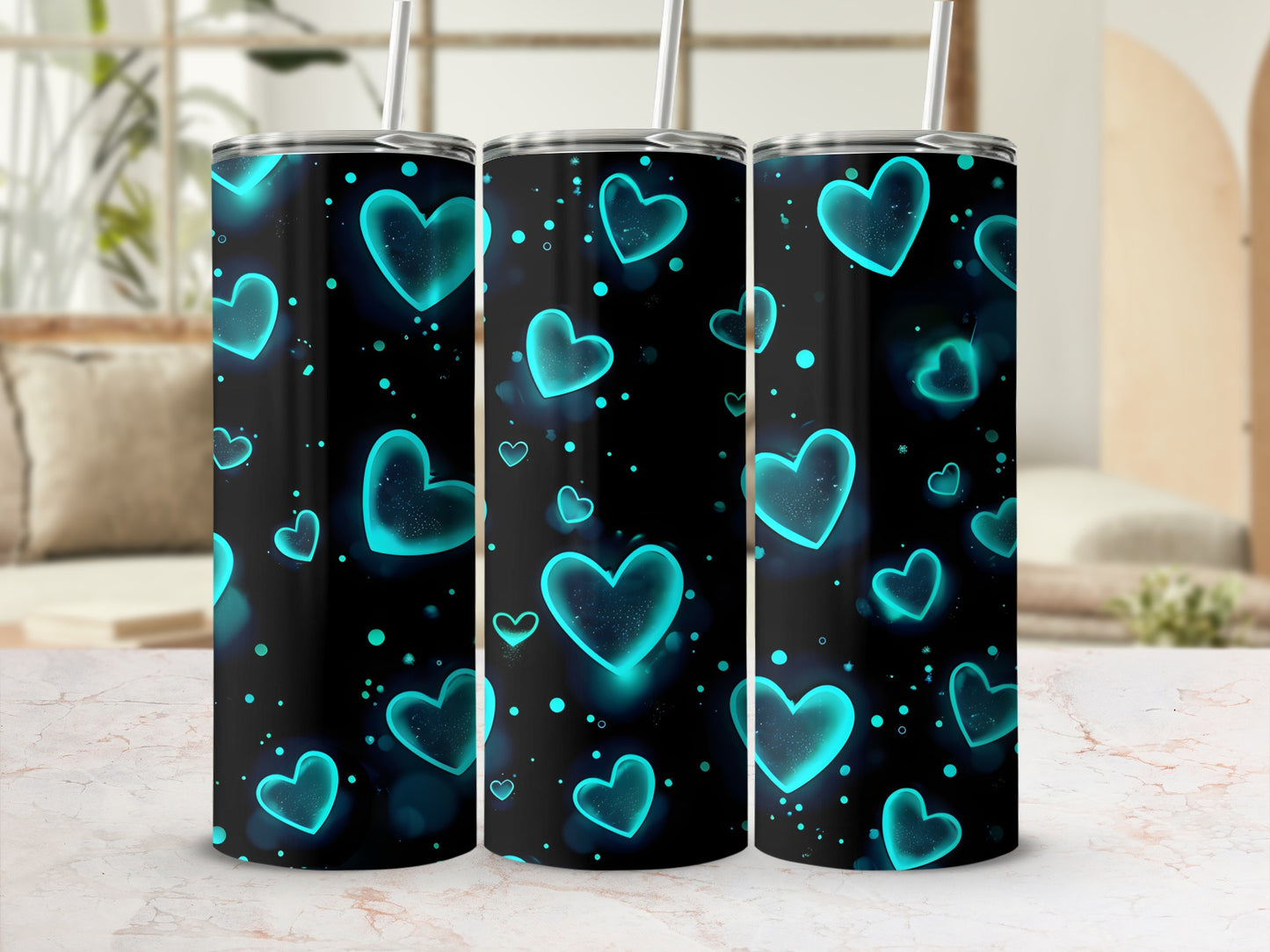 Glowing Teal Hearts Black Pattern Tumbler product type