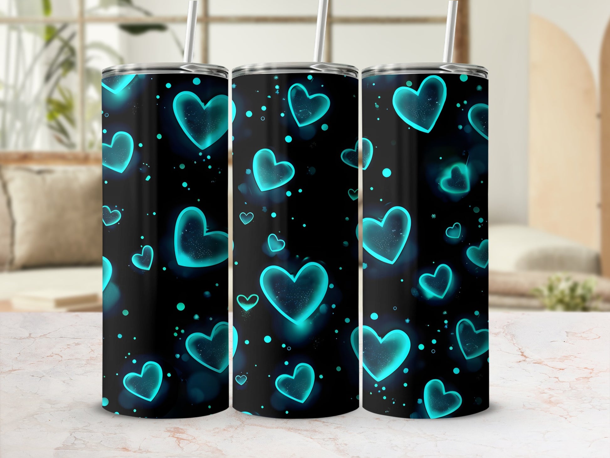 Glowing Teal Hearts Black Pattern Tumbler product type