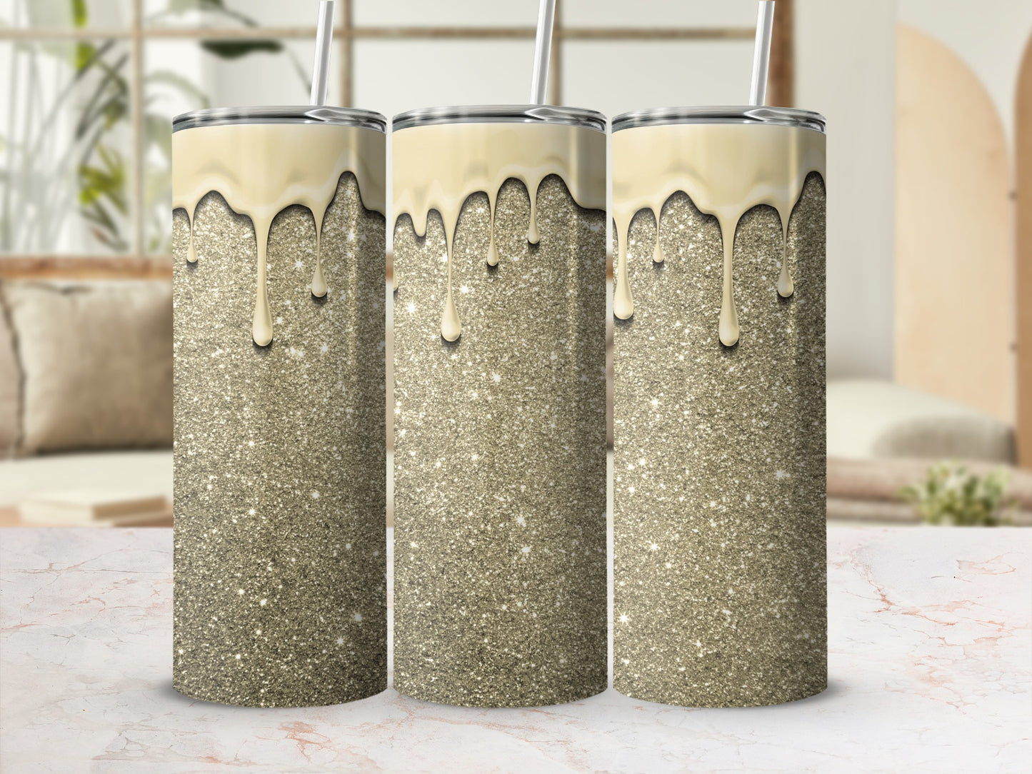 Glittering Gold Tumbler with Creamy Dripping Design