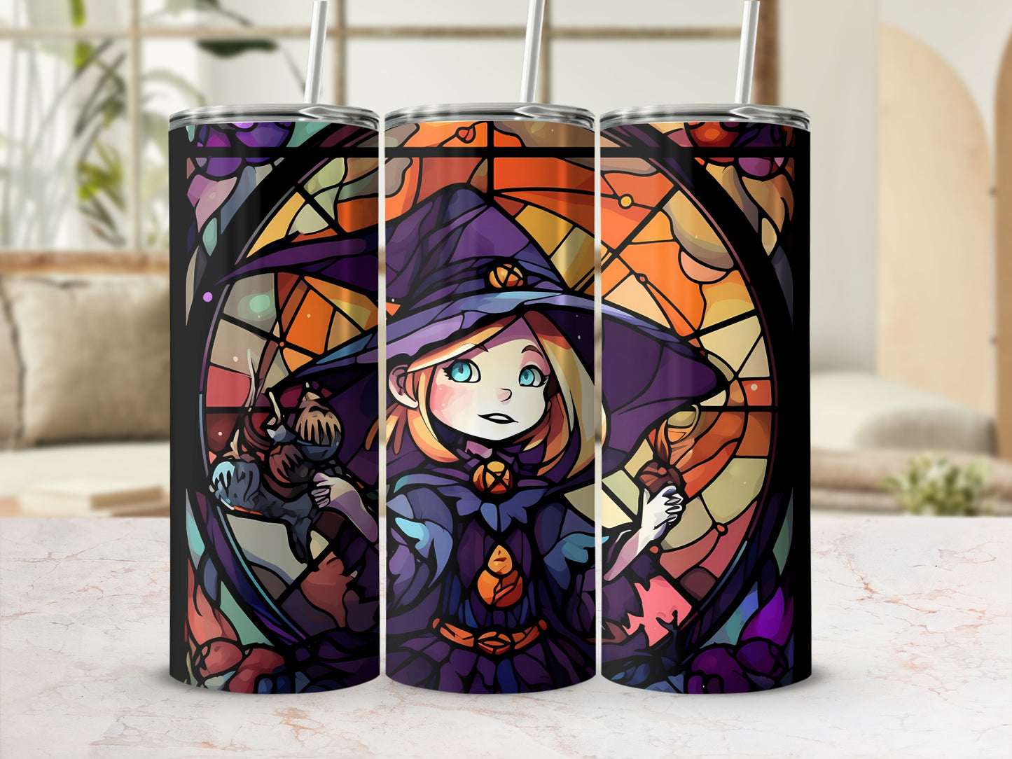 Three tumblers with a stained-glass witch design.