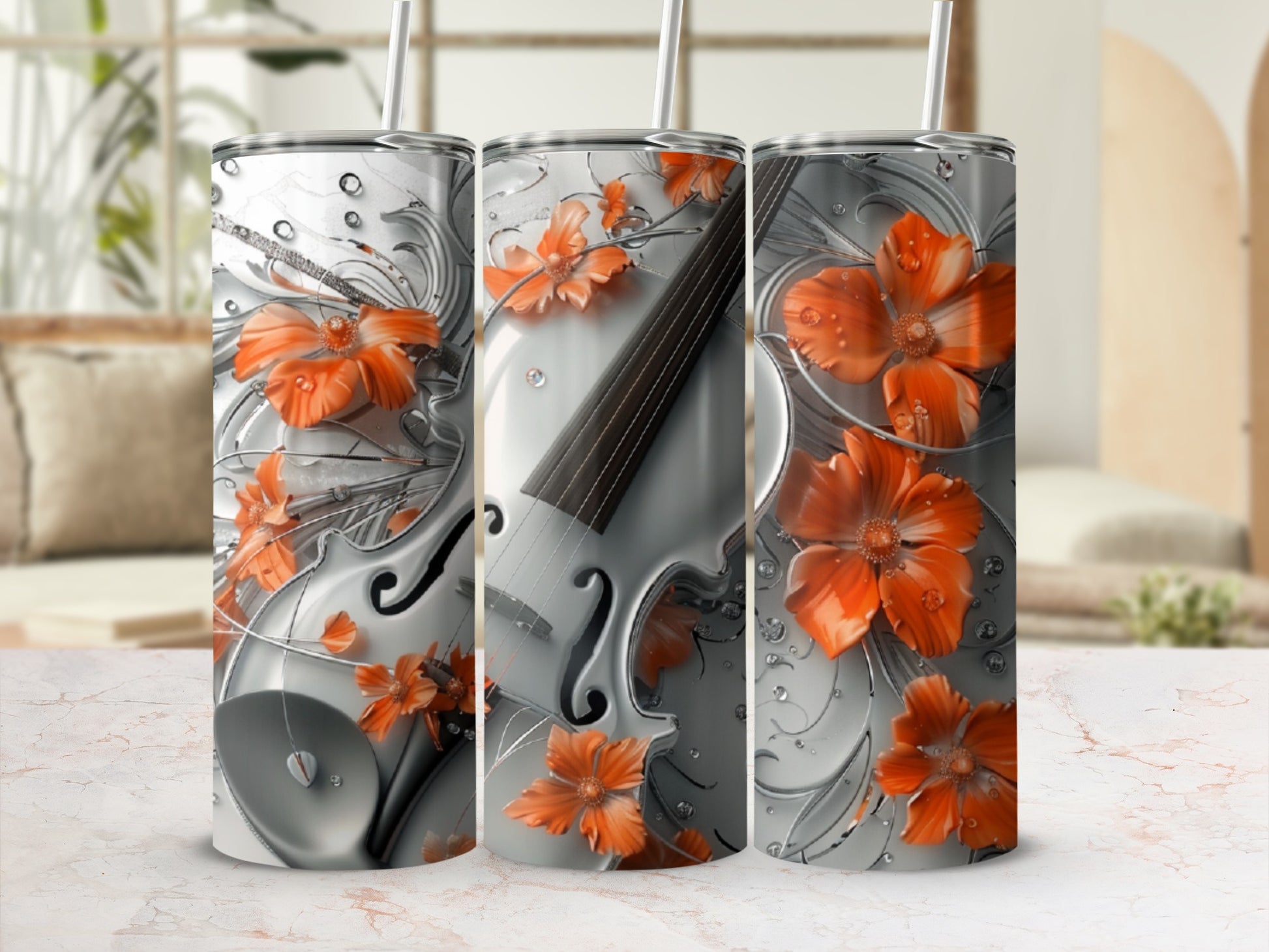 Silver violin with orange flowers and bokeh background.