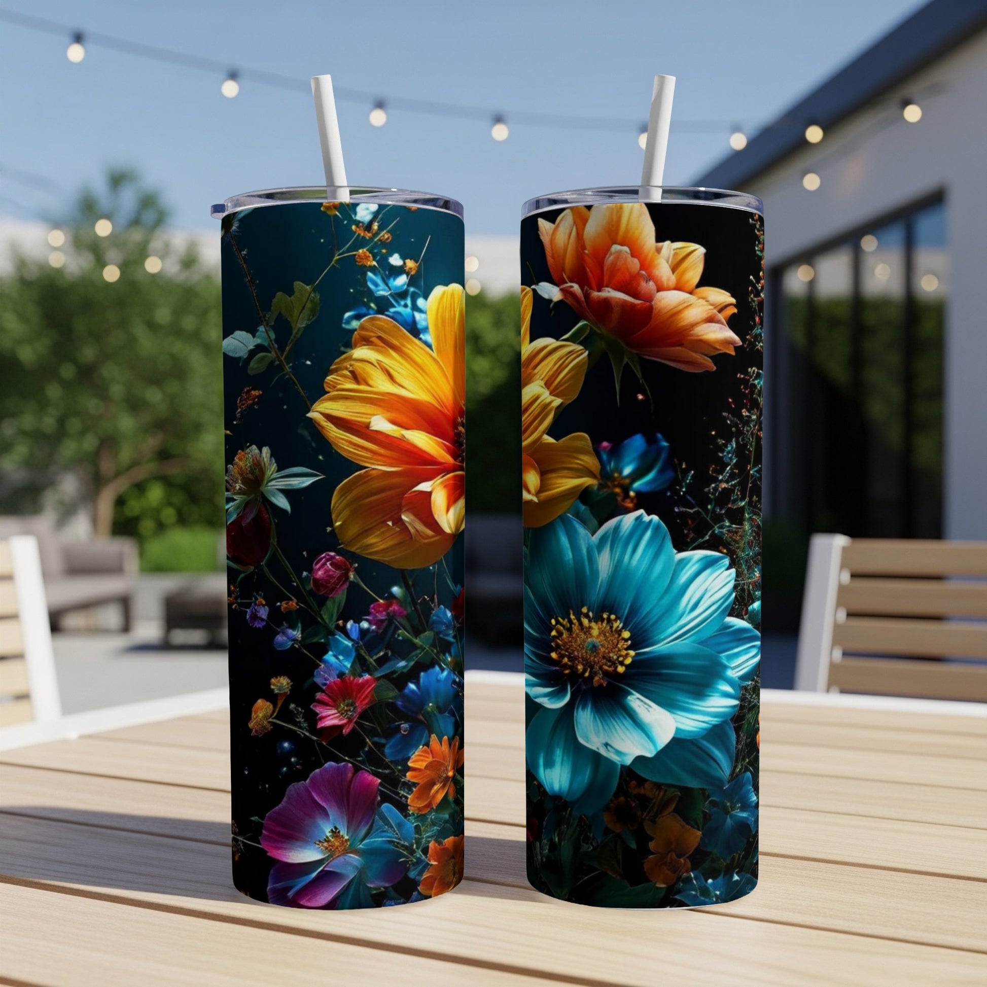 Two tumblers featuring vibrant floral designs with a dark background.