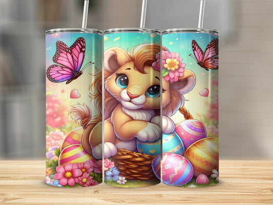 Cute lion cub in a basket with Easter eggs and butterflies.